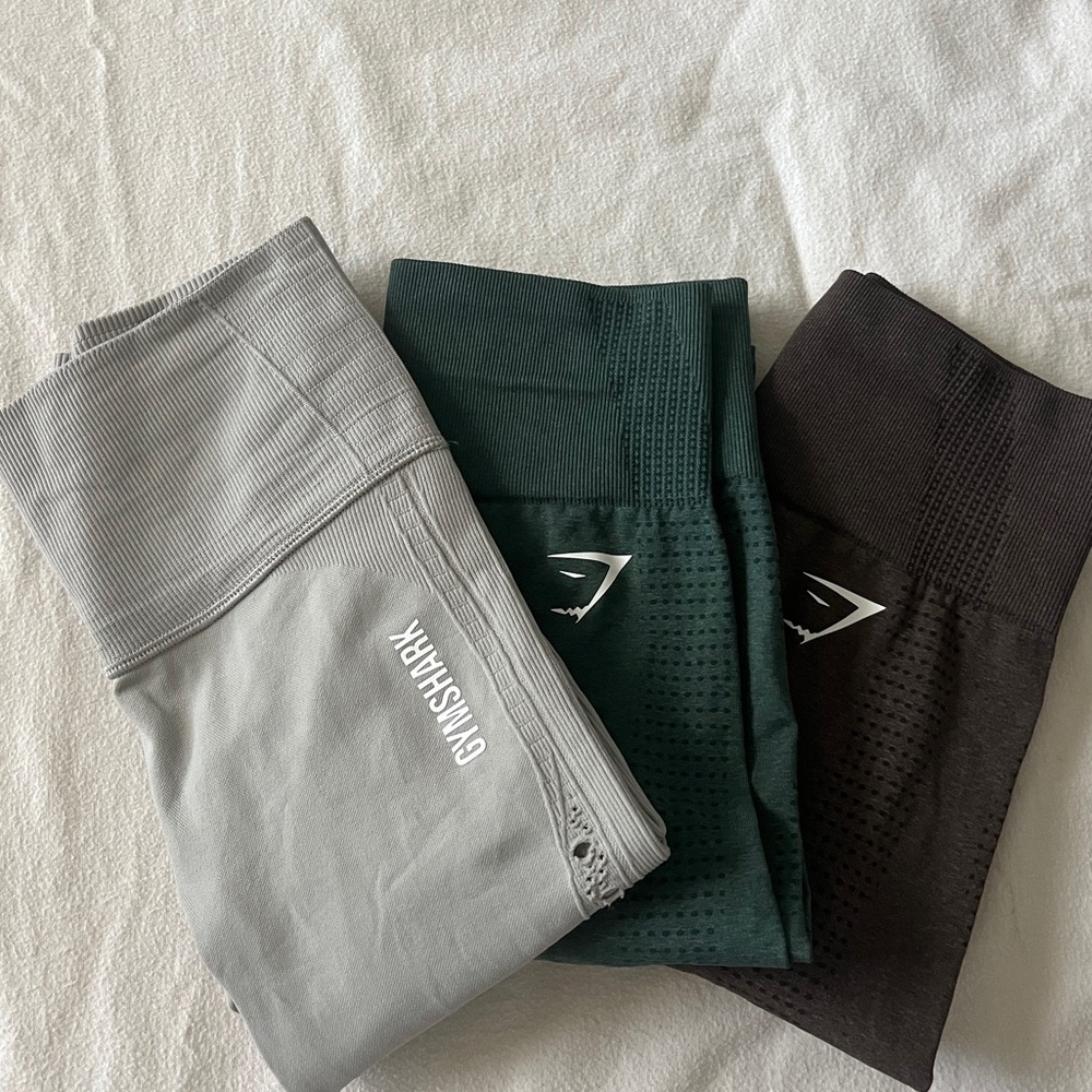 GYMSHARK XS LEGGINGS 3 PIECE BUNDLE (GREEN, GRAY, BROWN)